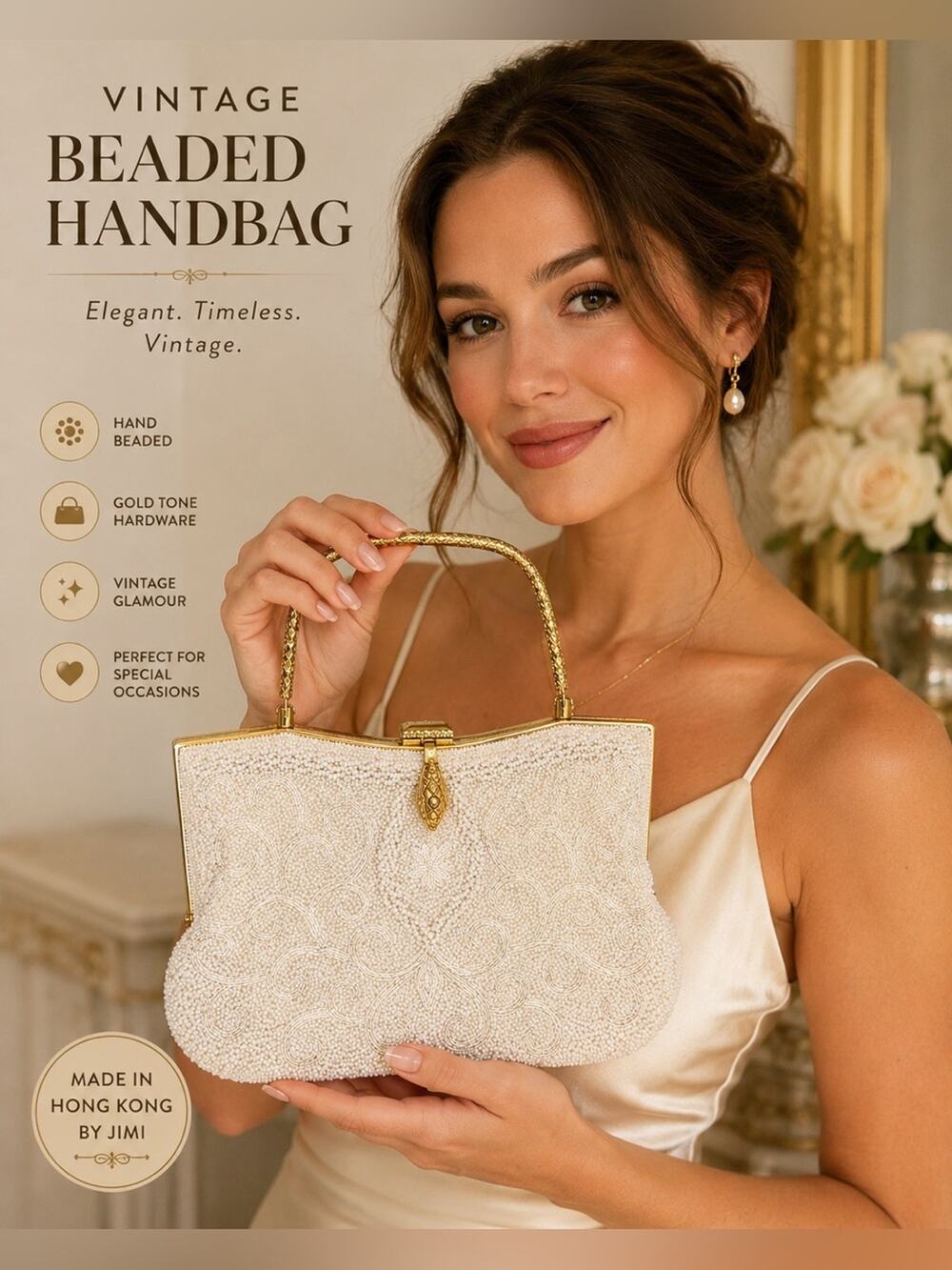 Vintage Jimi Hong Kong White Beaded Evening Bag Bridal Top Handle Formal Handbag
